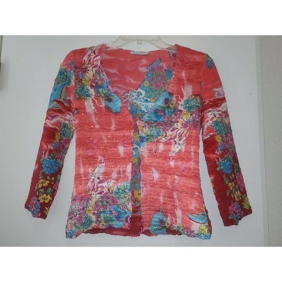 ALBERTO Makali Smocked Top Asian Floral 3/4 Sleeve - Picture 1 of 6